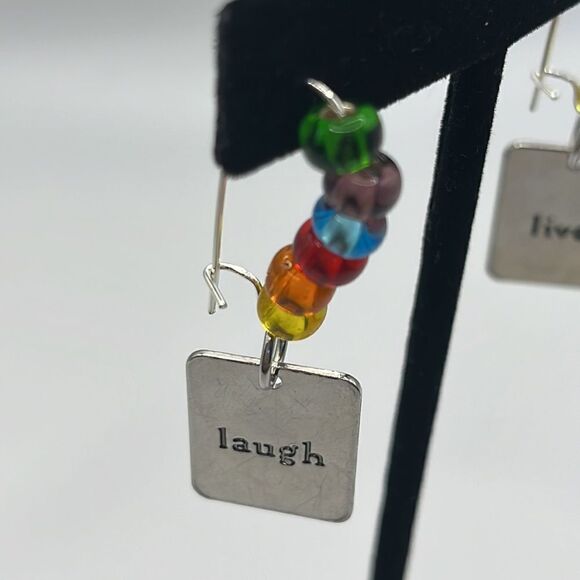 Silver-tone 1 7/8 Dangling Live Laugh Charm with Rainbow Beaded Earrings - Picture 2 of 10